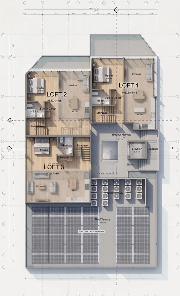 Floor plan sheet — Loft & Roof, LOFT.1 – LOFT.3